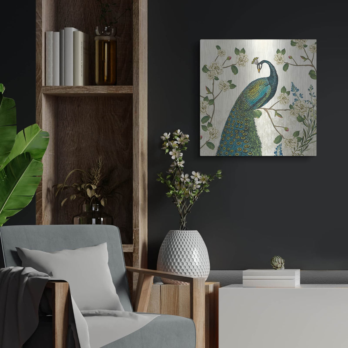 'Peacock Arbor 1 Ivory V2' by Sue Schlabach – Metal Wall Art, 24x24 room view