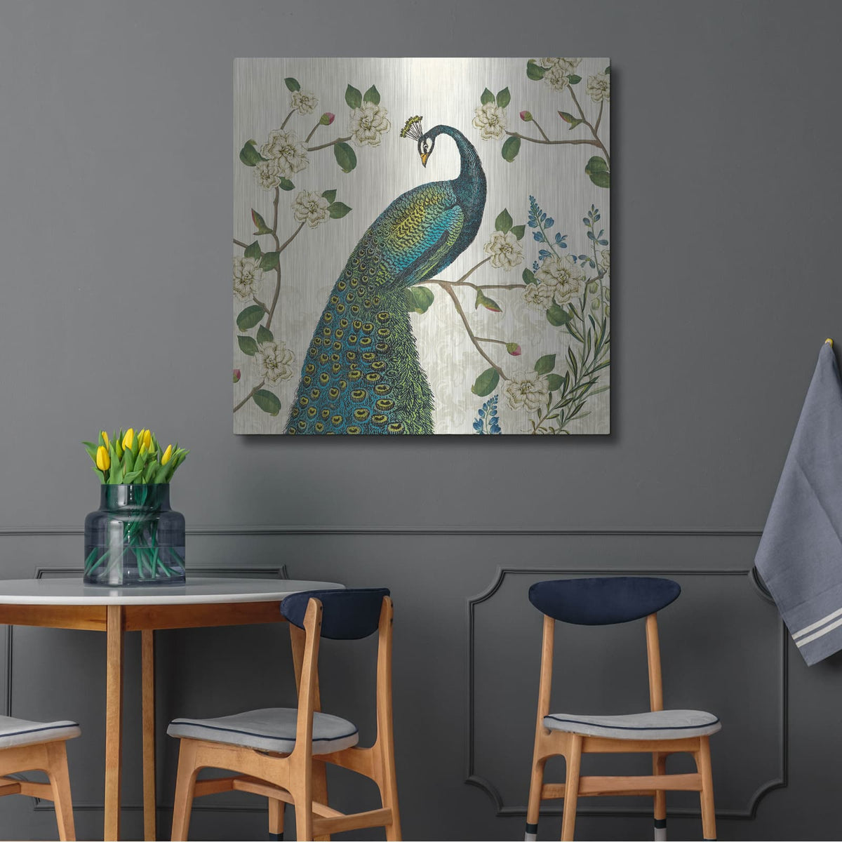 'Peacock Arbor 1 Ivory V2' by Sue Schlabach – Metal Wall Art, 36x36 room view