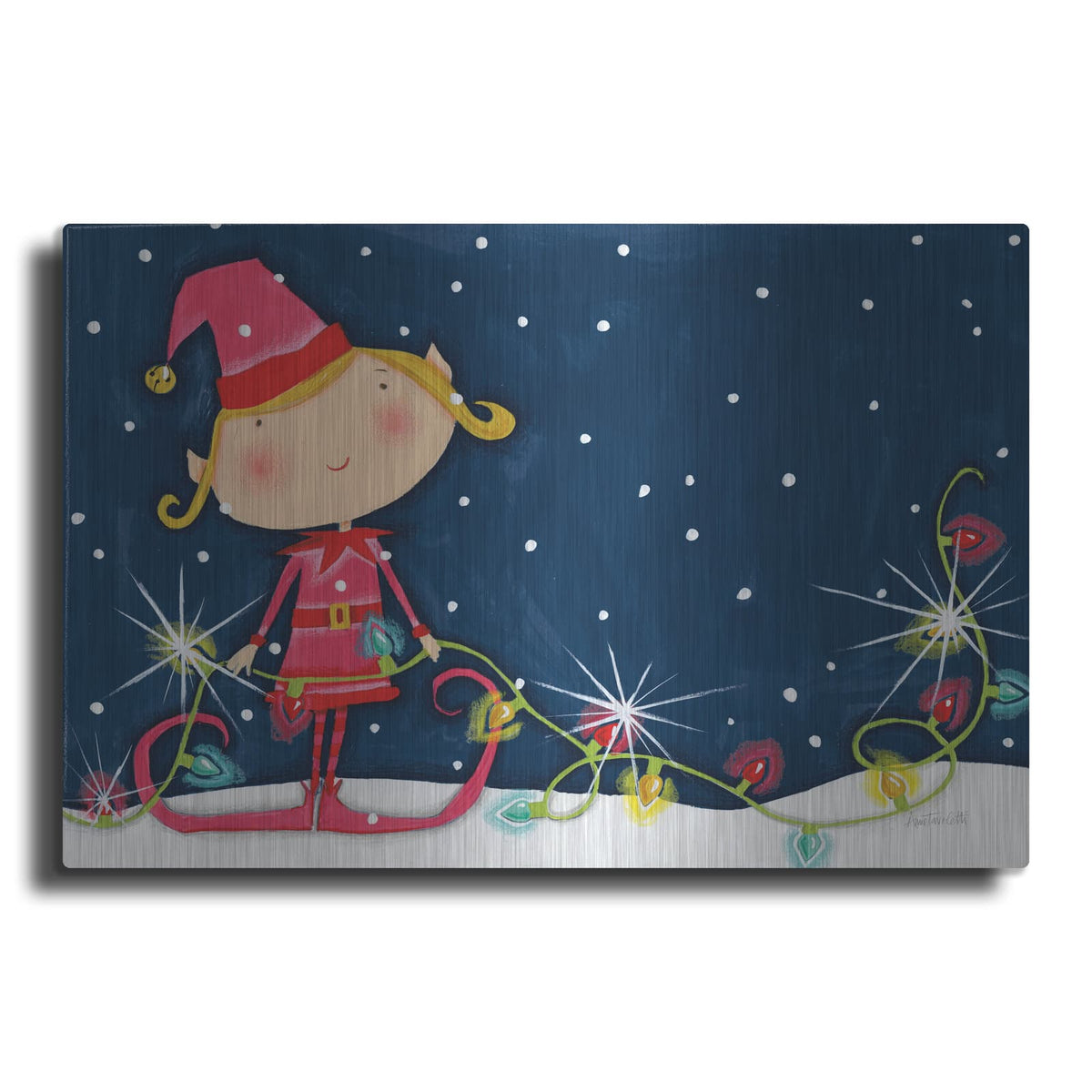 'Bright Christmas Lights Elf Blue' by Anne Tavoletti – Metal Wall Art
