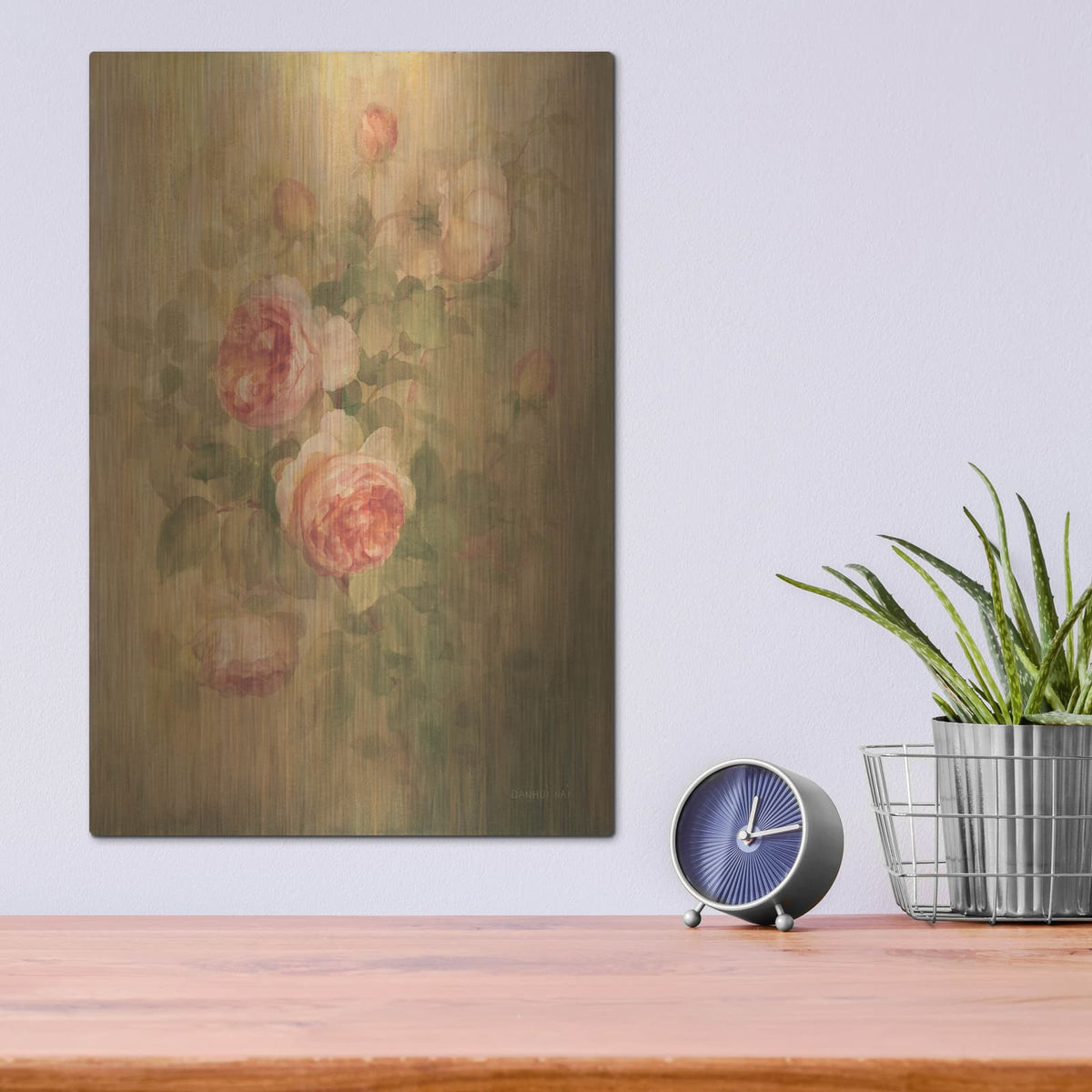 'Vintage Roses On Green 1' by Danhui Nai – Metal Wall Art, 12x16 room view