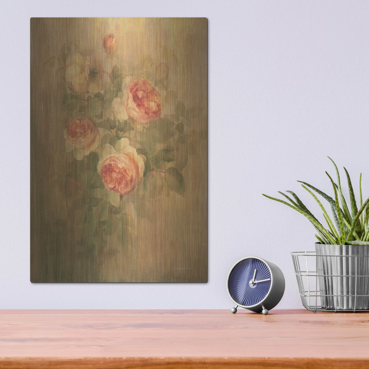 'Vintage Roses On Green 2' by Danhui Nai – Metal Wall Art, 12x16 room view