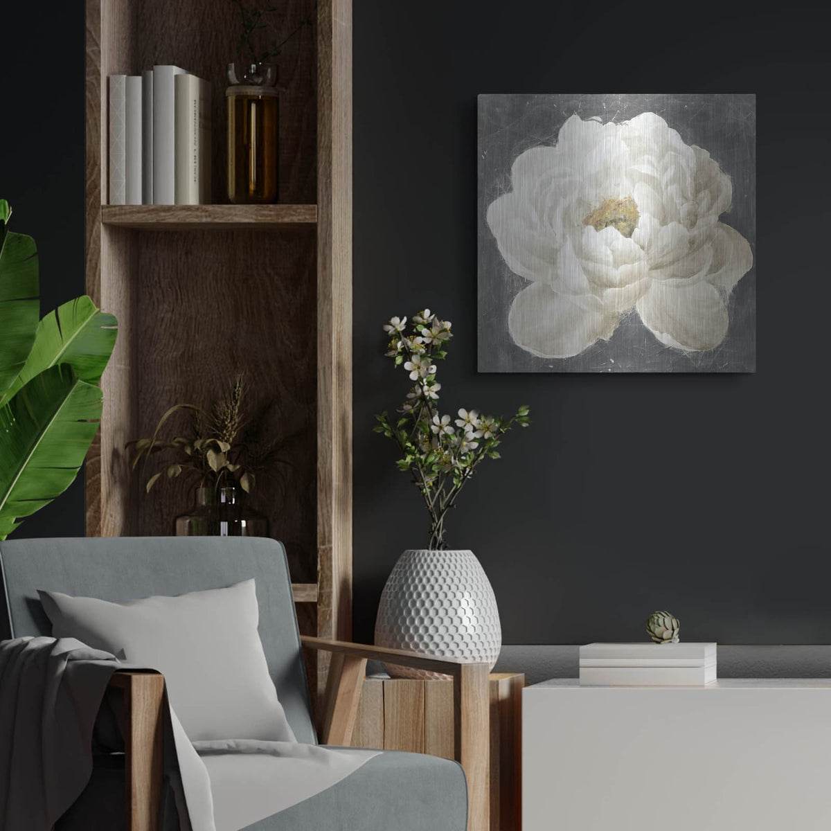 'Vivid Floral 1 White Flower' by Danhui Nai – Metal Wall Art, 24x24 room view