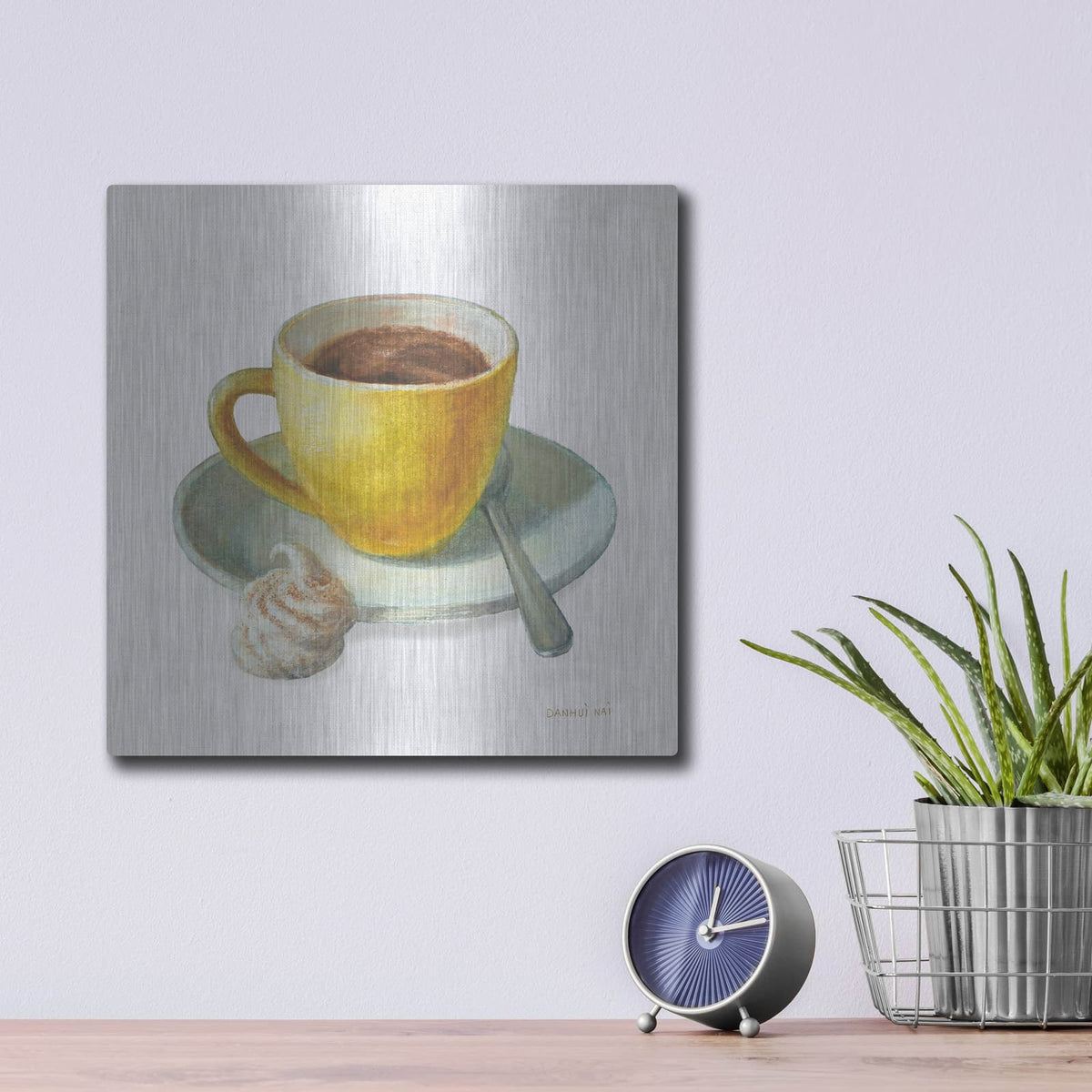 'Wake Me Up Coffee 4 Linen' by Danhui Nai – Metal Wall Art, 12x12 room view
