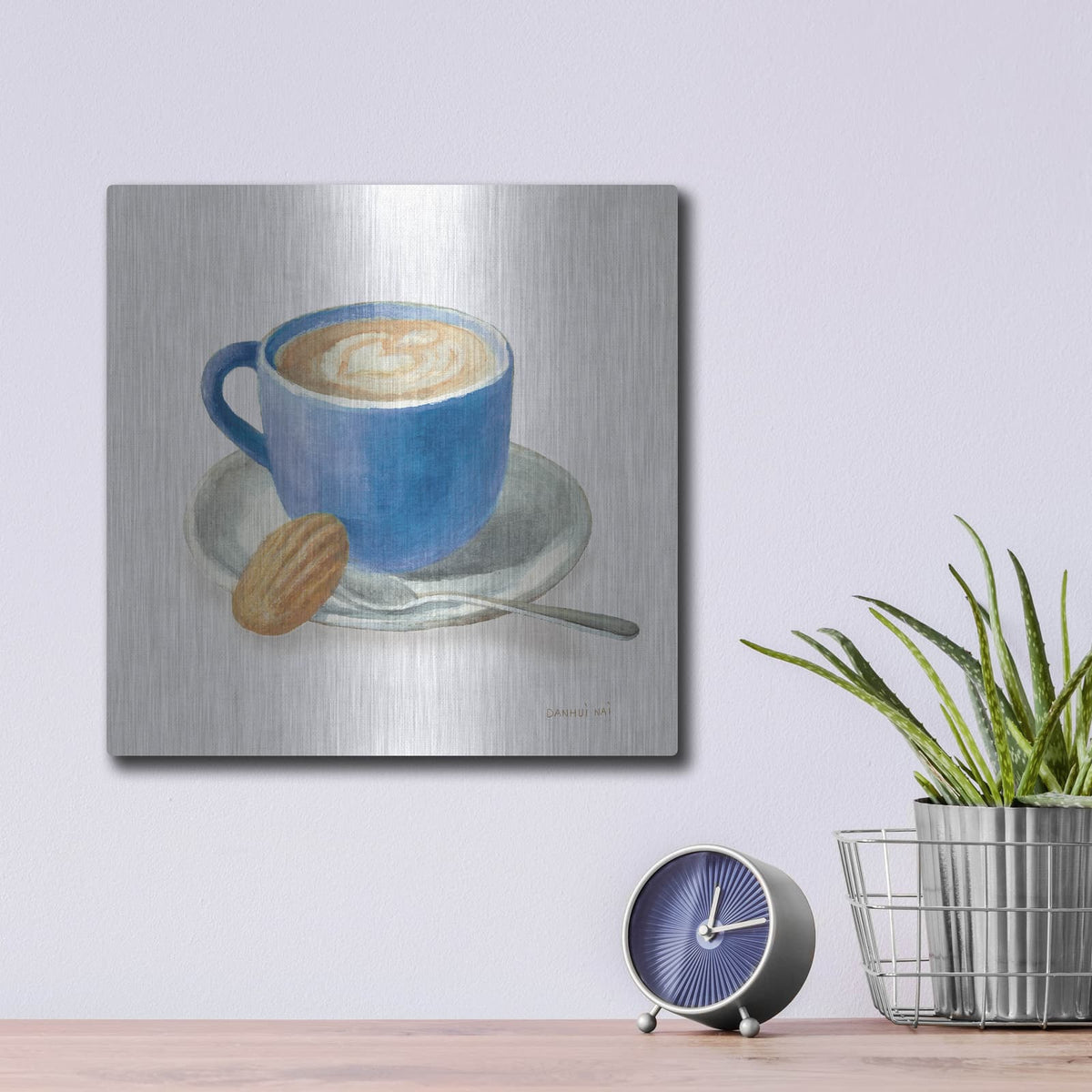 'Wake Up Coffee 1 Linen Classic Blue' by Danhui Nai – Metal Wall Art, 12x12 room view