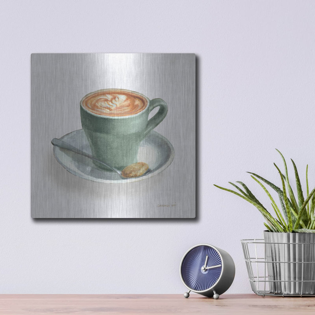 'Wake Up Coffee 2 Linen Sage' by Danhui Nai – Metal Wall Art, 12x12 room view