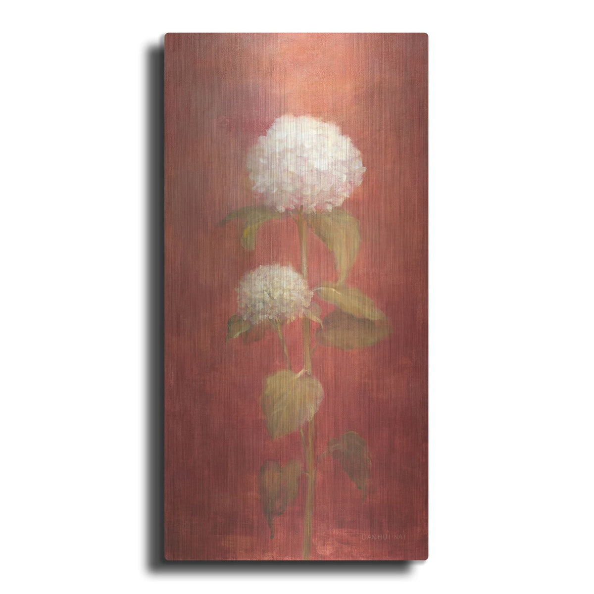 'White Hydrangea On Red' by Danhui Nai – Metal Wall Art