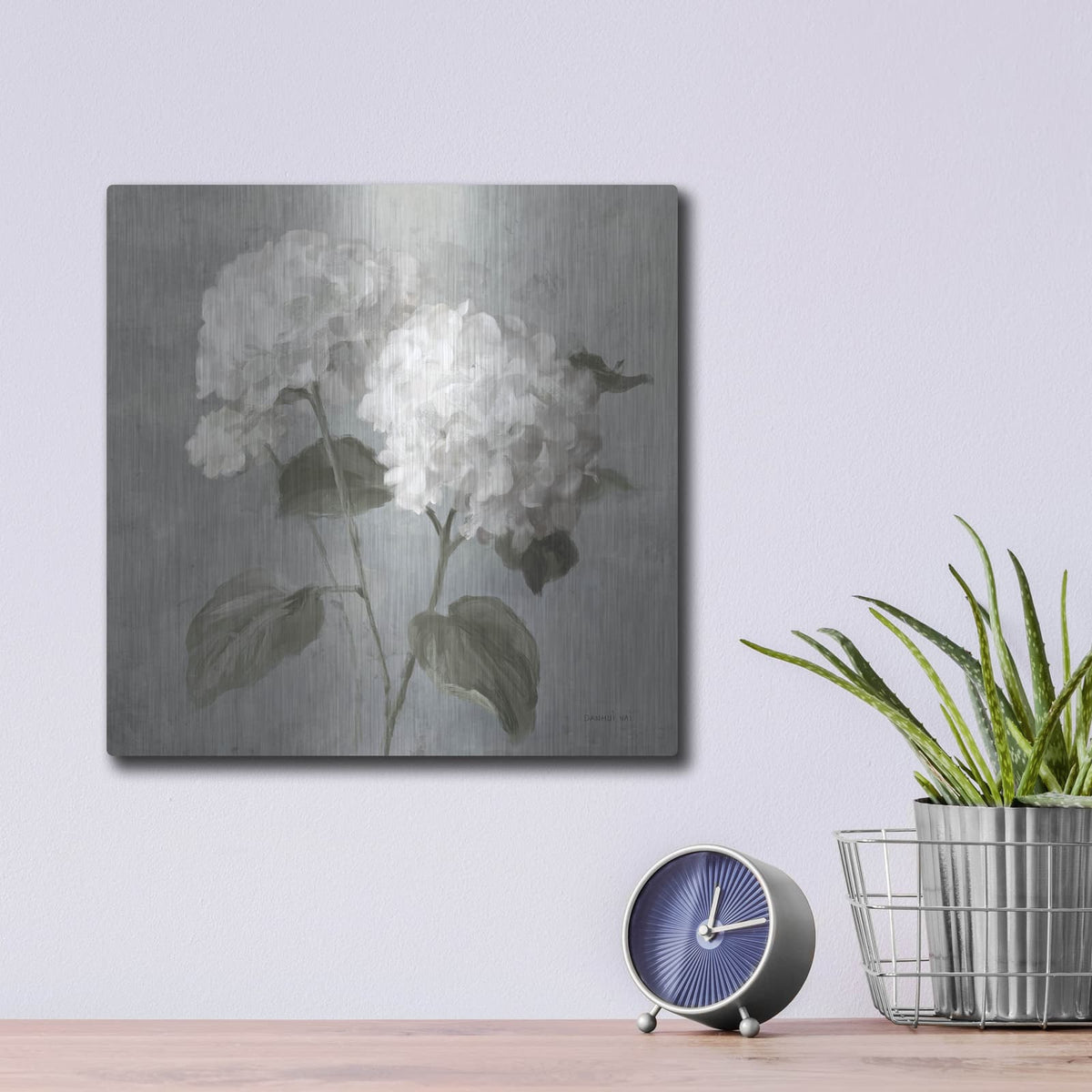 'White Hydrangeas' by Danhui Nai – Metal Wall Art, 12x12 room view