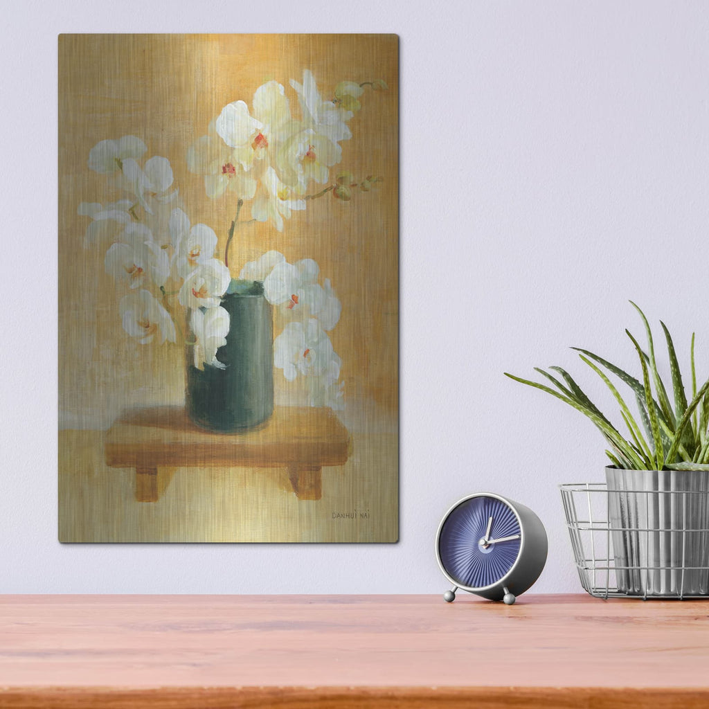 'White Orchids In Black Vase' by Danhui Nai – Metal Wall Art, 12x16 room view