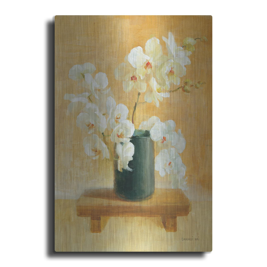 'White Orchids In Black Vase' by Danhui Nai – Metal Wall Art