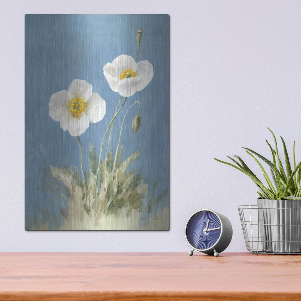 'White Poppies 1 No Butterfly' by Danhui Nai – Metal Wall Art, 12x16 room view