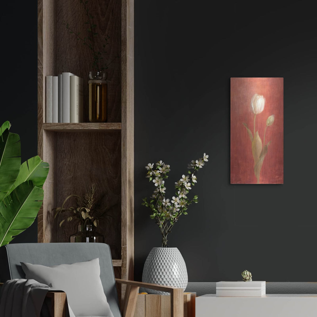 'White Tulips On Red' by Danhui Nai – Metal Wall Art, 12x24 room view
