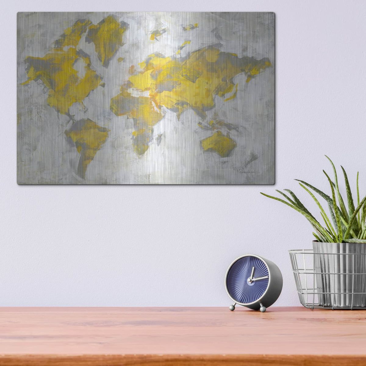 'World Map Yellow Gray' by Danhui Nai – Metal Wall Art, 16x12 room view