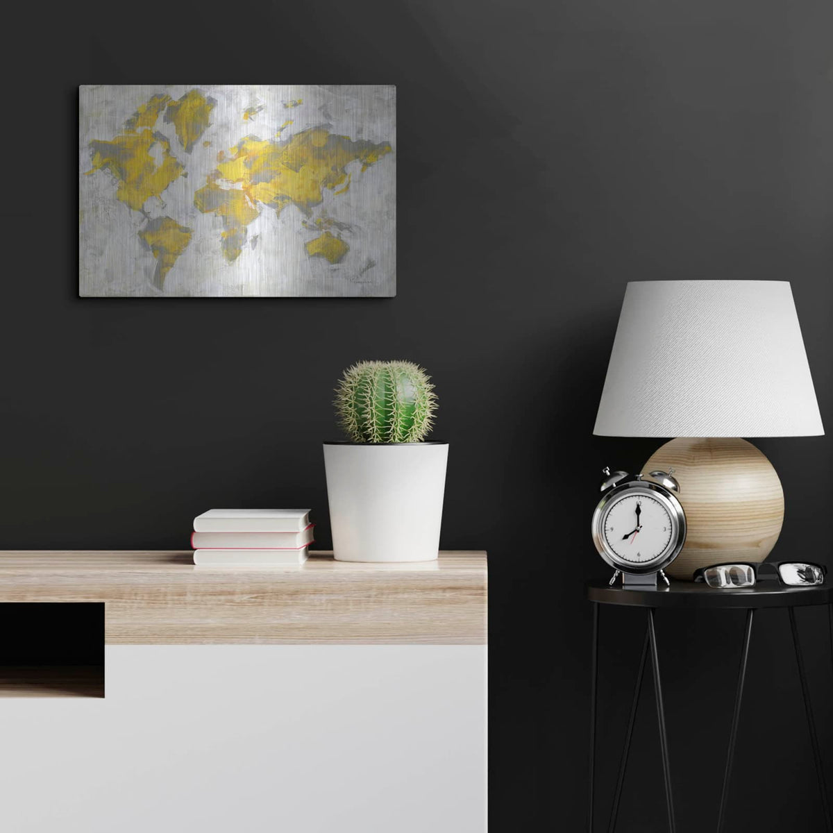 'World Map Yellow Gray' by Danhui Nai – Metal Wall Art, 24x16 room view