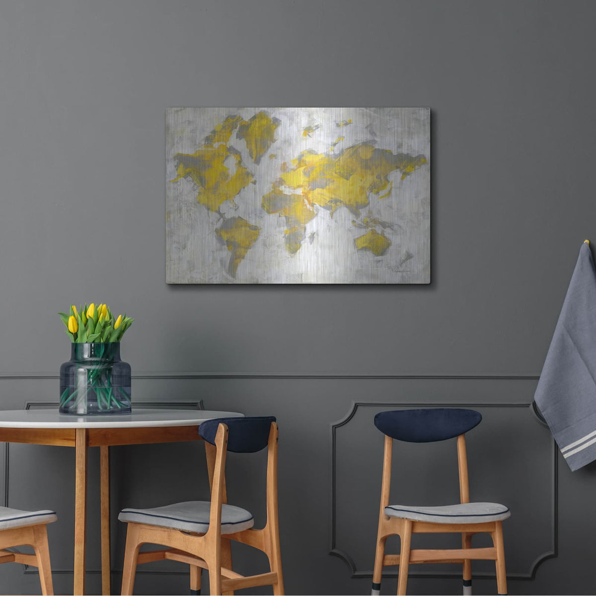 'World Map Yellow Gray' by Danhui Nai – Metal Wall Art, 36x24 room view