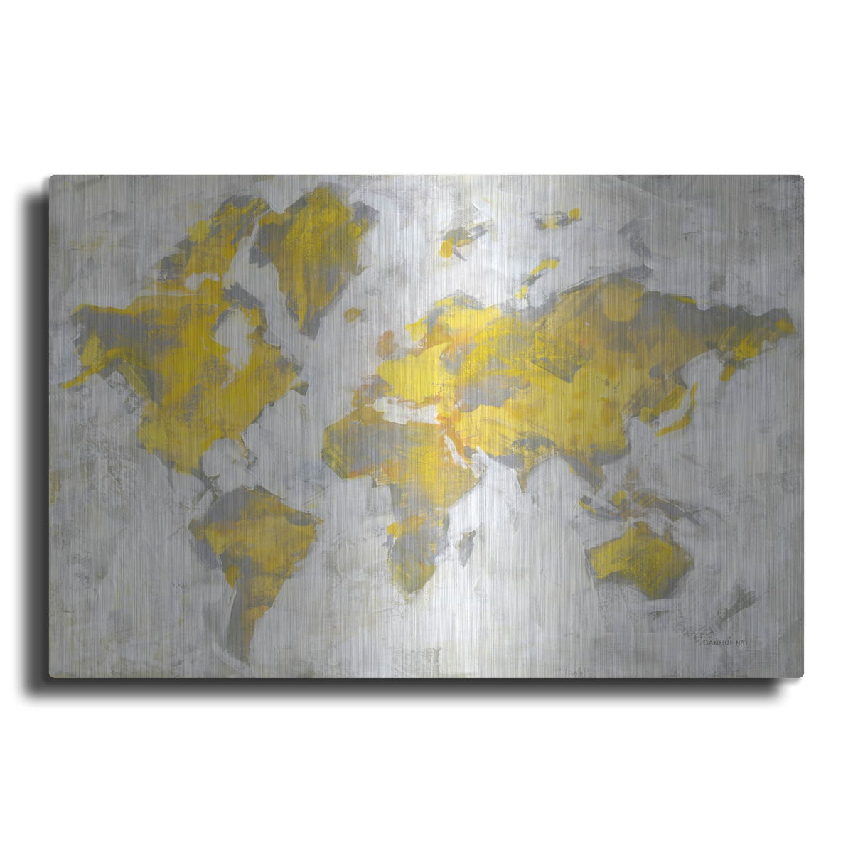 'World Map Yellow Gray' by Danhui Nai – Metal Wall Art