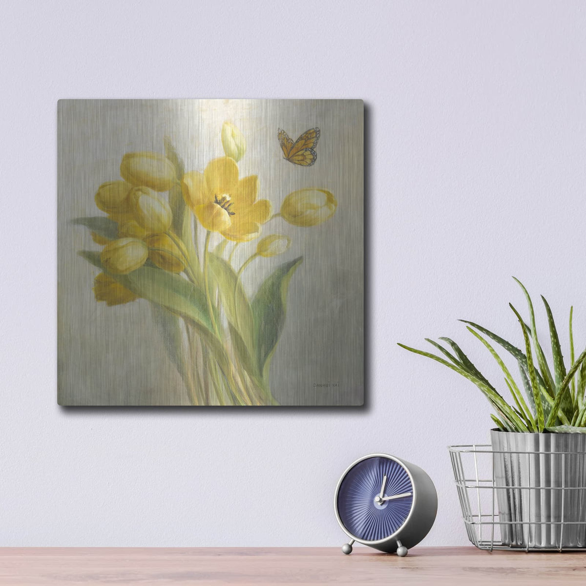 'Yellow French Tulips' by Danhui Nai – Metal Wall Art, 12x12 room view