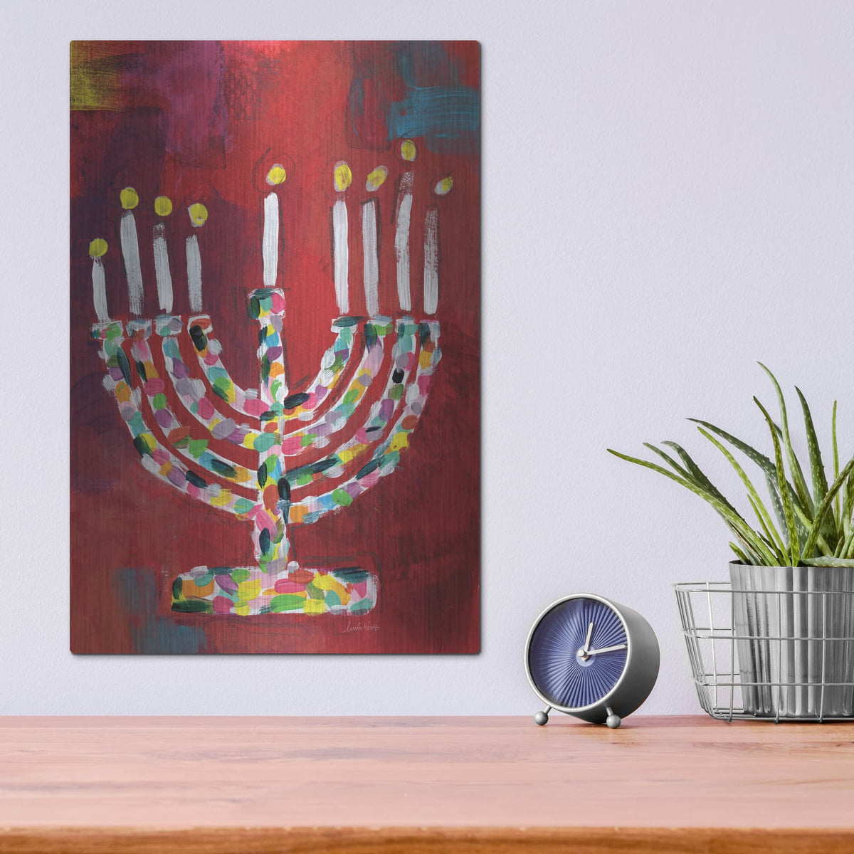 'Colorful Menorah' by Linda Woods – Metal Wall Art, 12x16 room view
