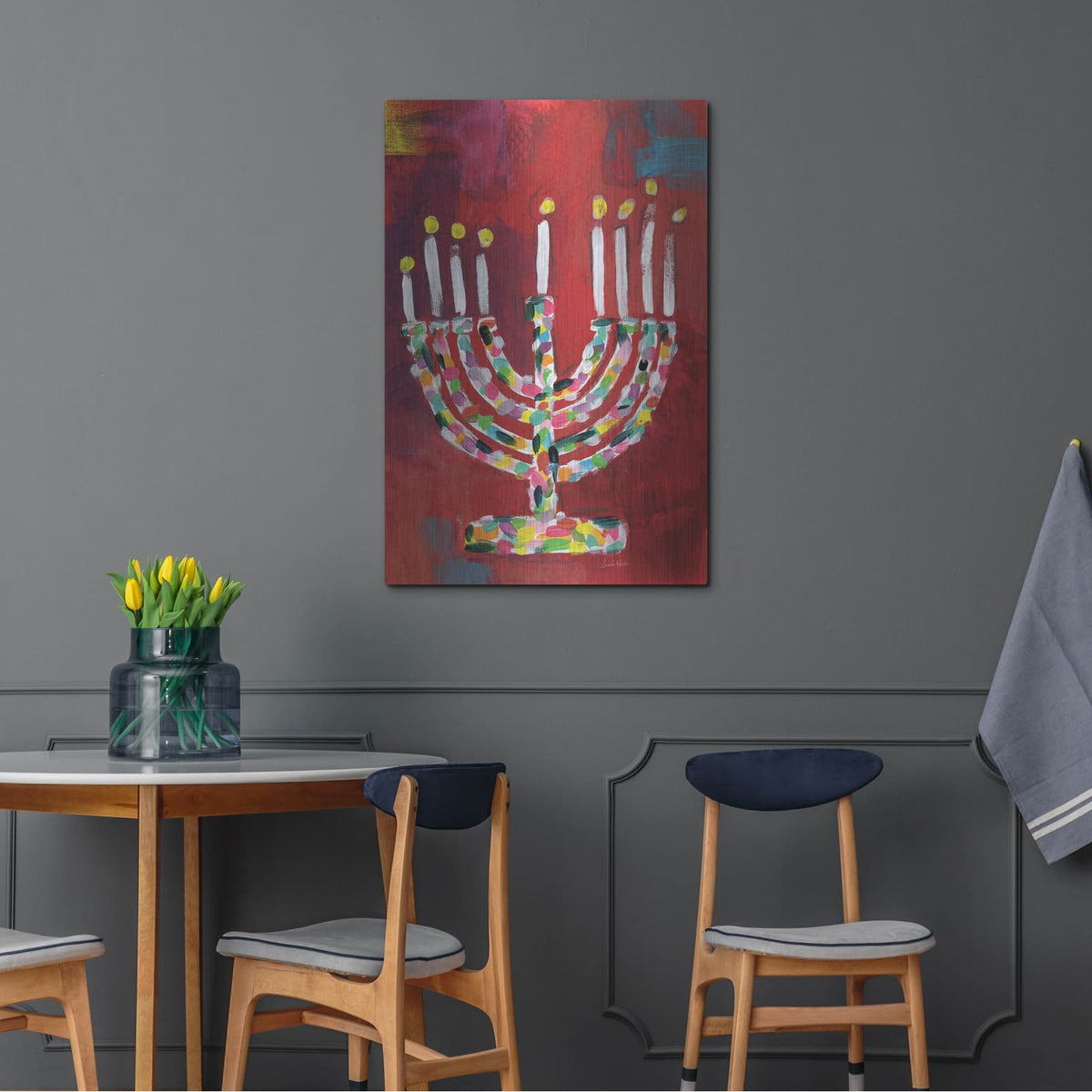 'Colorful Menorah' by Linda Woods – Metal Wall Art, 24x36 room view
