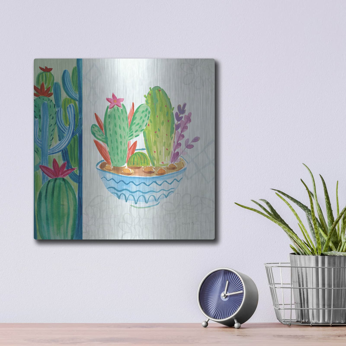 'Cacti Garden 2 No Birds And Butterflies' by Farida Zaman – Metal Wall Art, 12x12 room view