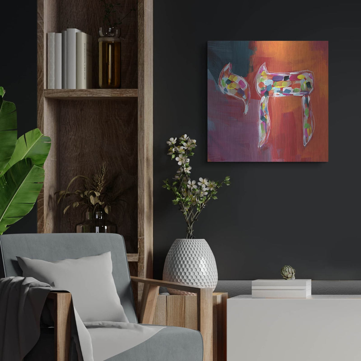 'Chai of Colors' by Linda Woods – Metal Wall Art, 24x24 room view