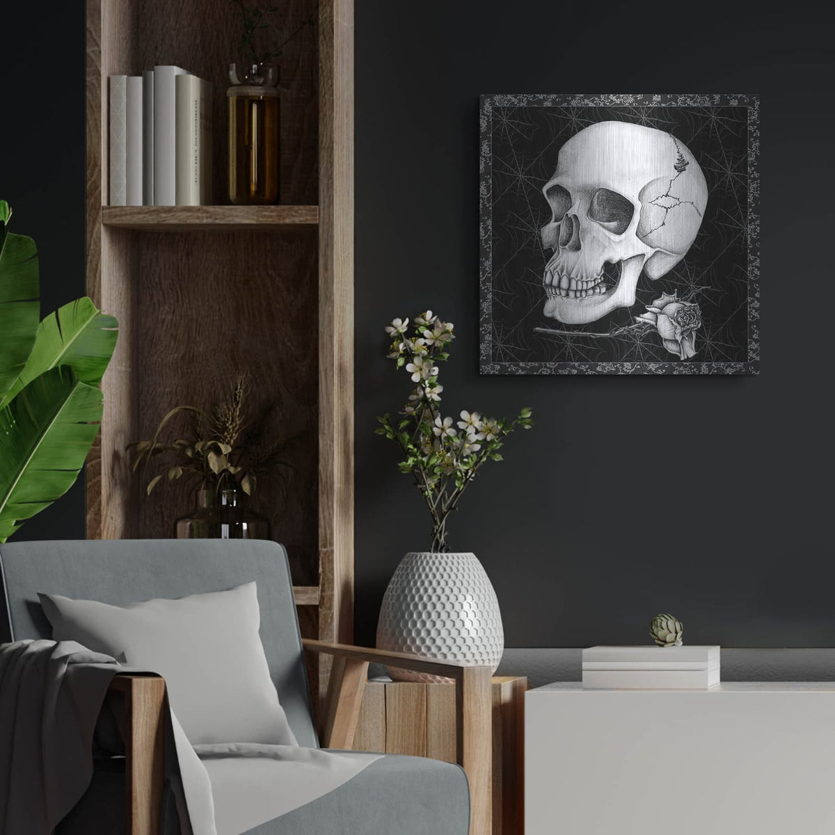 'Arsenic And Old Lace Bw No Words 3' by Wild Apple Portfolio – Metal Wall Art, 24x24 room view