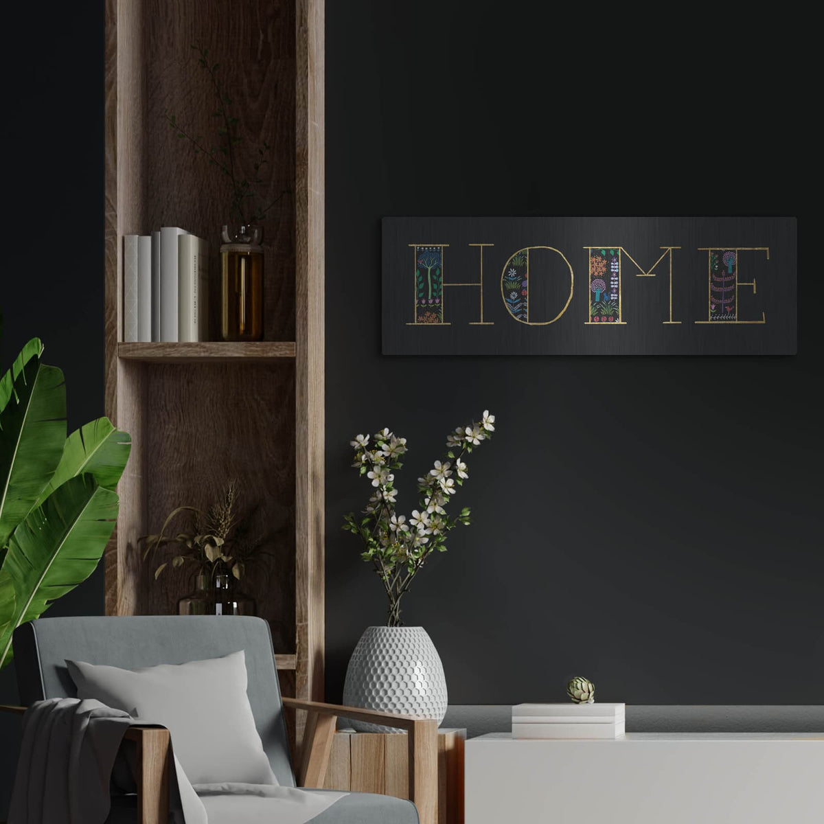 'Bright Folklore Home' by Wild Apple Portfolio – Metal Wall Art, 36x12 room view