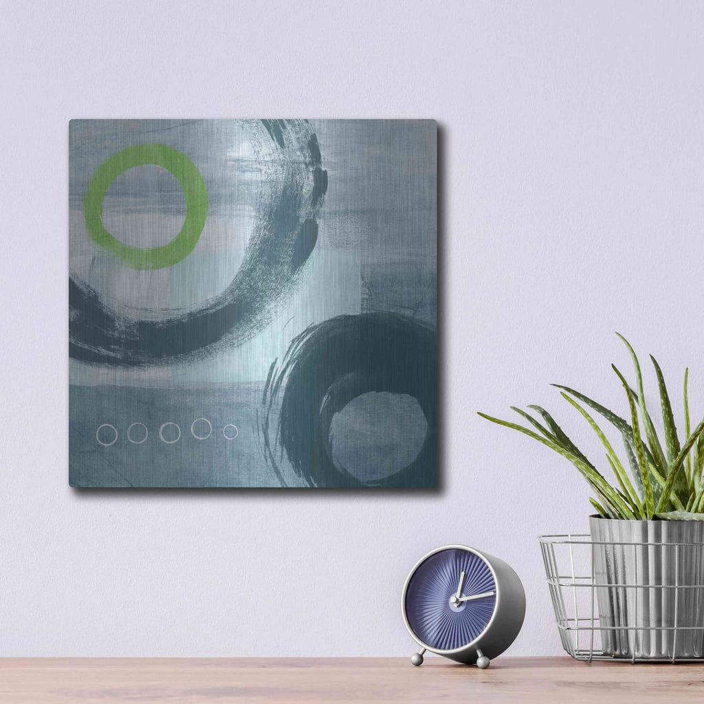 'Blue Circles I' by Linda Woods – Metal Wall Art, 12x12 room view