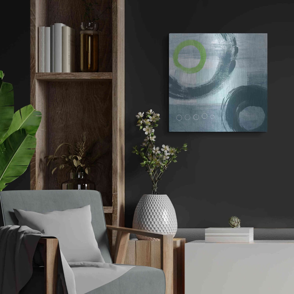 'Blue Circles I' by Linda Woods – Metal Wall Art, 24x24 room view