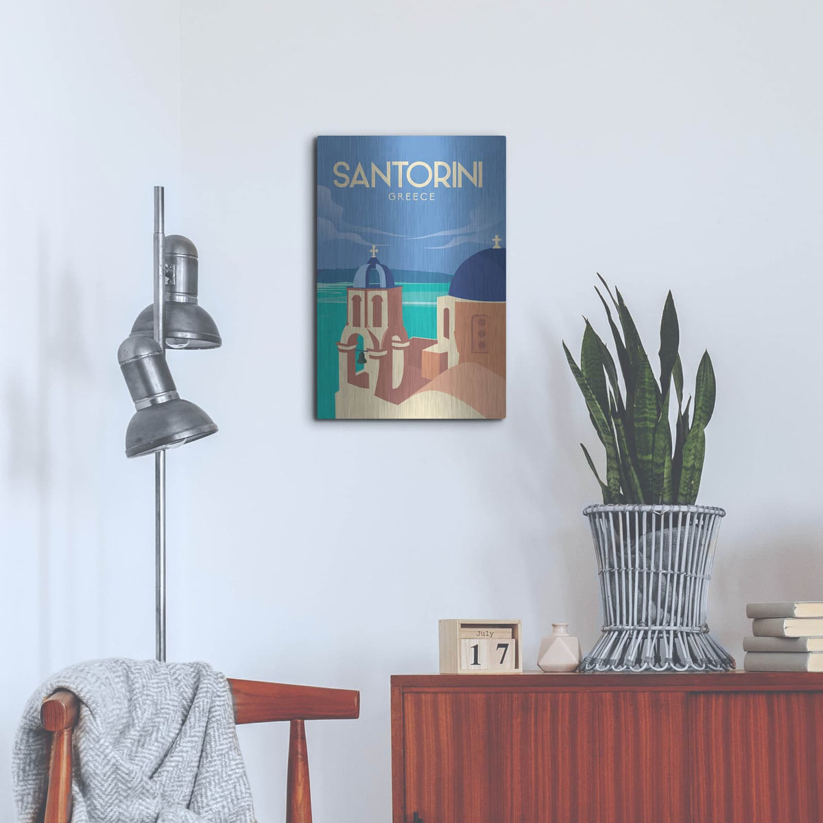 'Santorini Greece Travel Poster' by Arctic Frame – Metal Wall Art, 16x24 room view