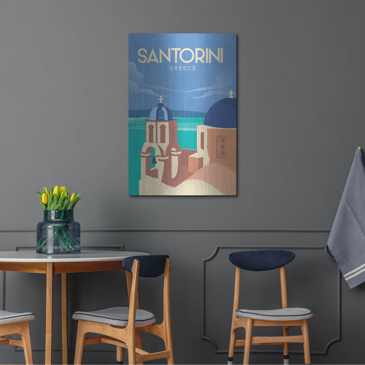 'Santorini Greece Travel Poster' by Arctic Frame – Metal Wall Art, 24x36 room view