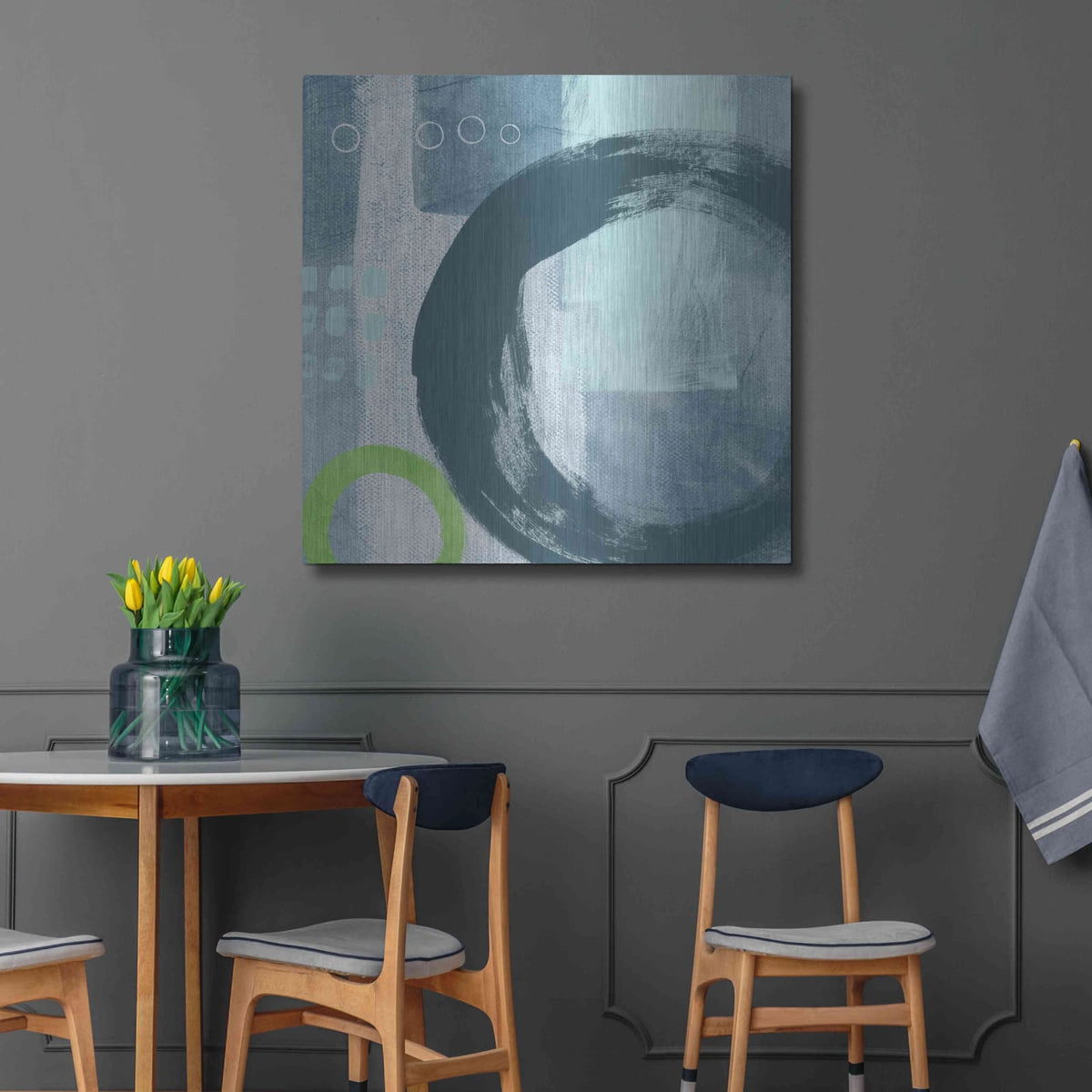 'Blue Circles II' by Linda Woods – Metal Wall Art, 36x36 room view