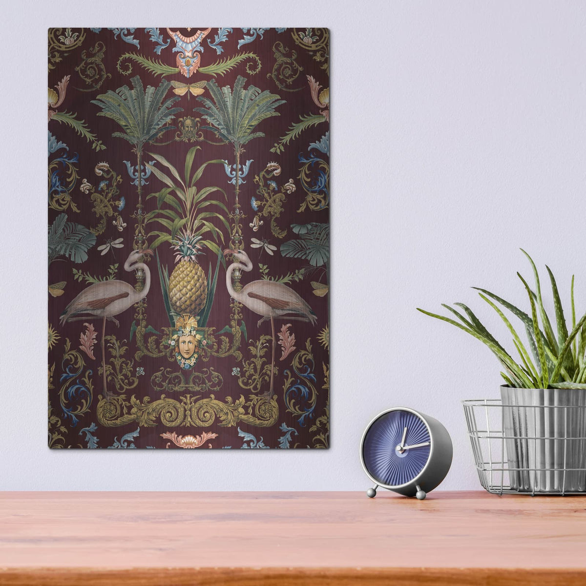 'Vintage Bohemian Elegance Flamingo Burgundy' by Andrea Haase – Metal Wall Art, 12x16 room view