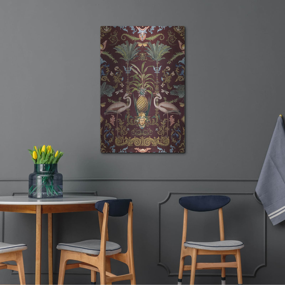 'Vintage Bohemian Elegance Flamingo Burgundy' by Andrea Haase – Metal Wall Art, 24x36 room view