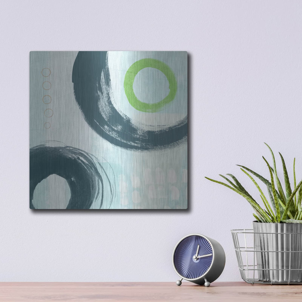'Blue Circles III' by Linda Woods – Metal Wall Art, 12x12 room view