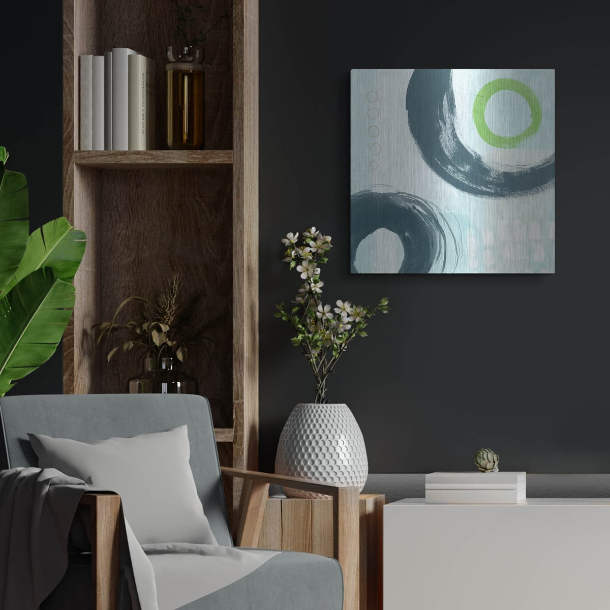 'Blue Circles III' by Linda Woods – Metal Wall Art, 24x24 room view