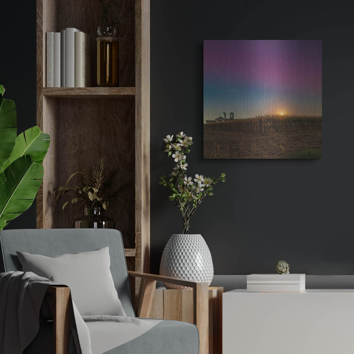 'Aurora Borealis Over Farm' by Luxe Metal Portfolio – Metal Wall Art, 24x24 room view