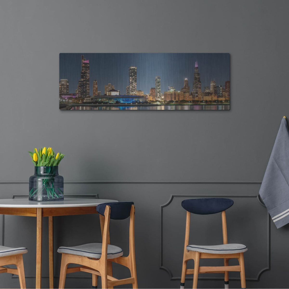 'Chicago Nighttime Skyline 2' by Luxe Metal Portfolio – Metal Wall Art, 48x16 room view