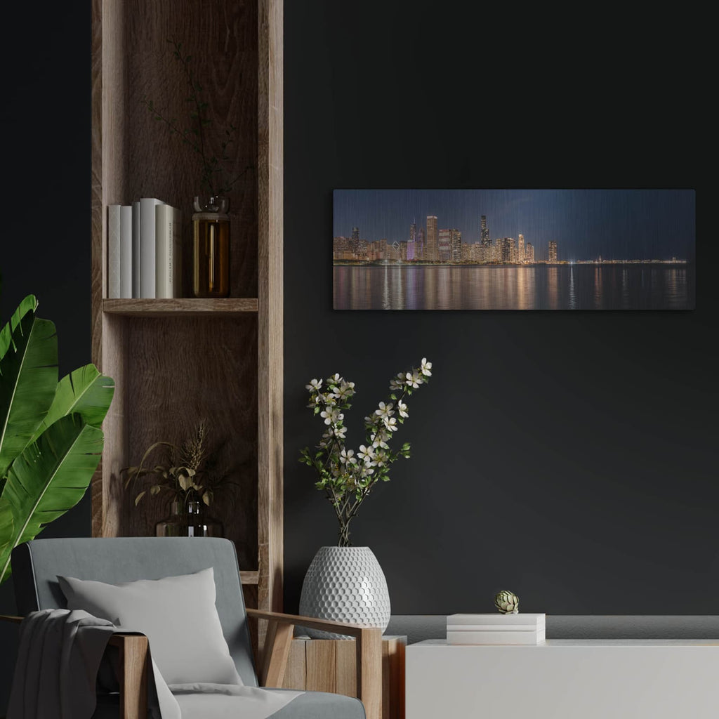 'Chicago Nighttime Skyline 3' by Luxe Metal Portfolio – Metal Wall Art, 36x12 room view