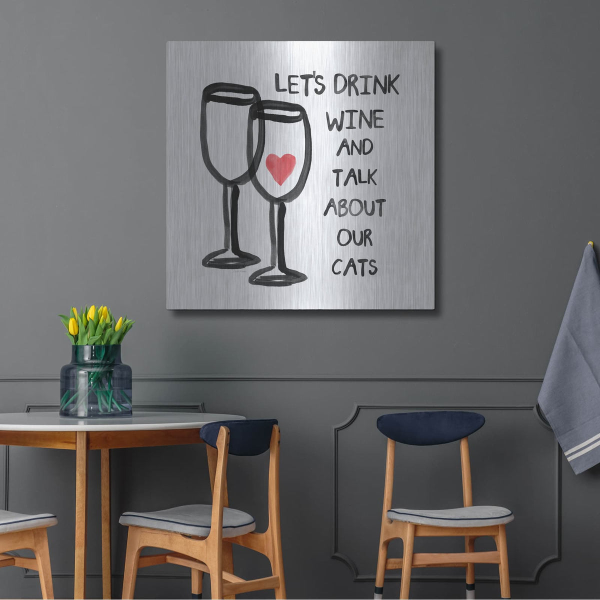 'Wine And Cats' by Linda Woods – Metal Wall Art, 36x36 room view