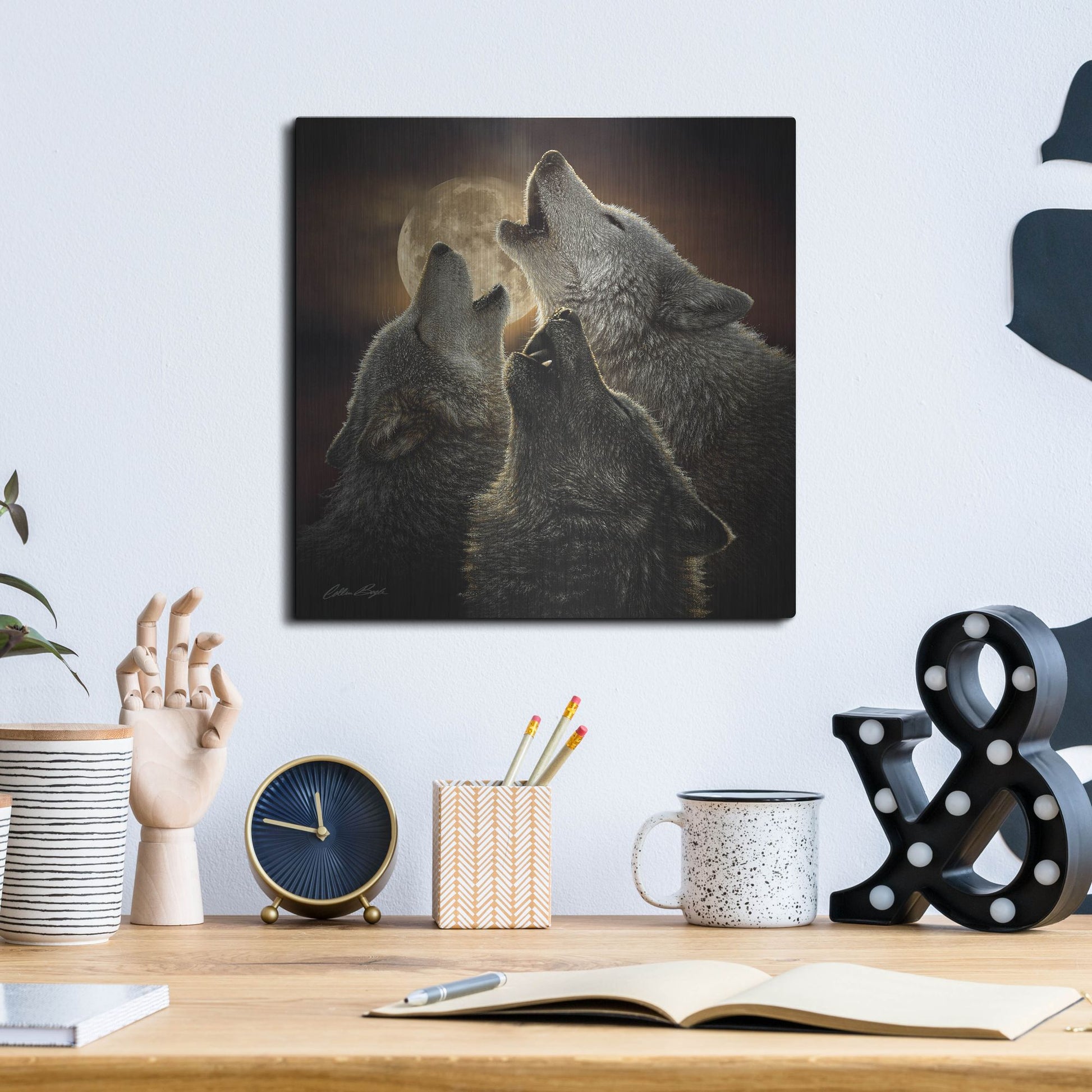 Luxe Metal Art 'Wolf Trinity' by Collin Bogle, Metal Wall Art,12x12