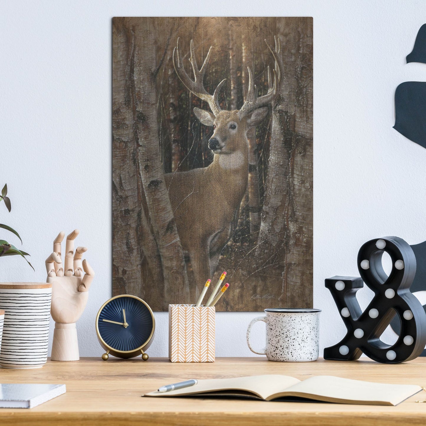 Luxe Metal Art 'Birchwood Buck' by Collin Bogle, Metal Wall Art,12x16