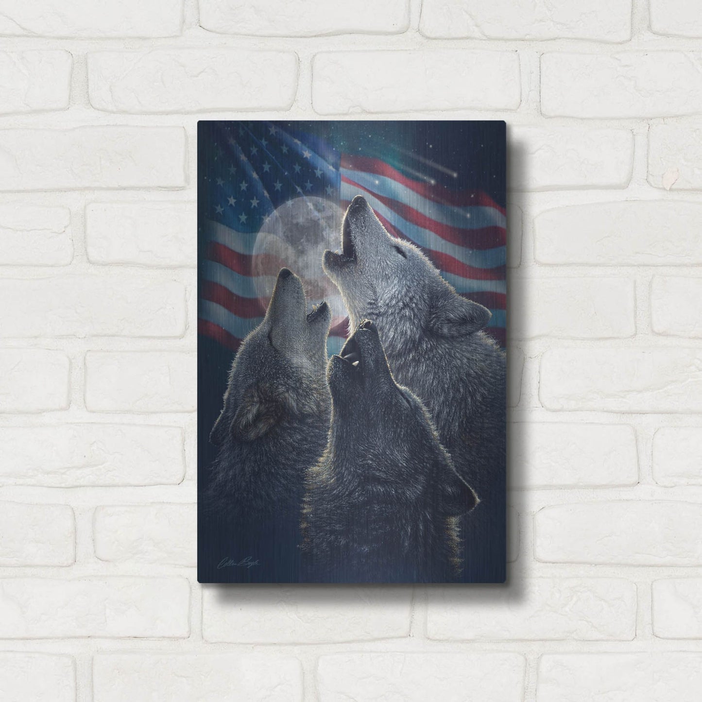 Luxe Metal Art 'Wolf Trinity Patriotic' by Collin Bogle, Metal Wall Art,12x16