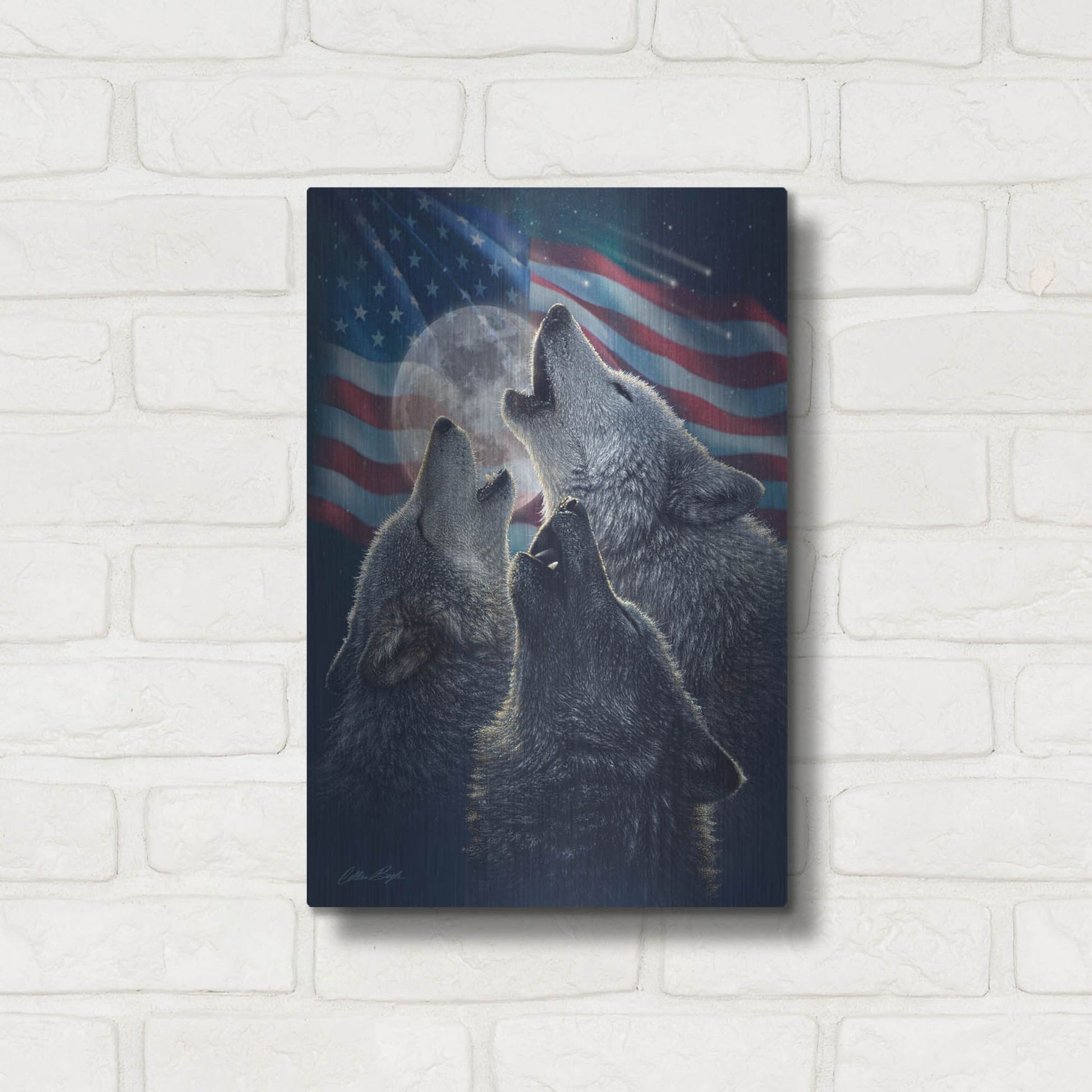 Luxe Metal Art 'Wolf Trinity Patriotic' by Collin Bogle, Metal Wall Art,12x16