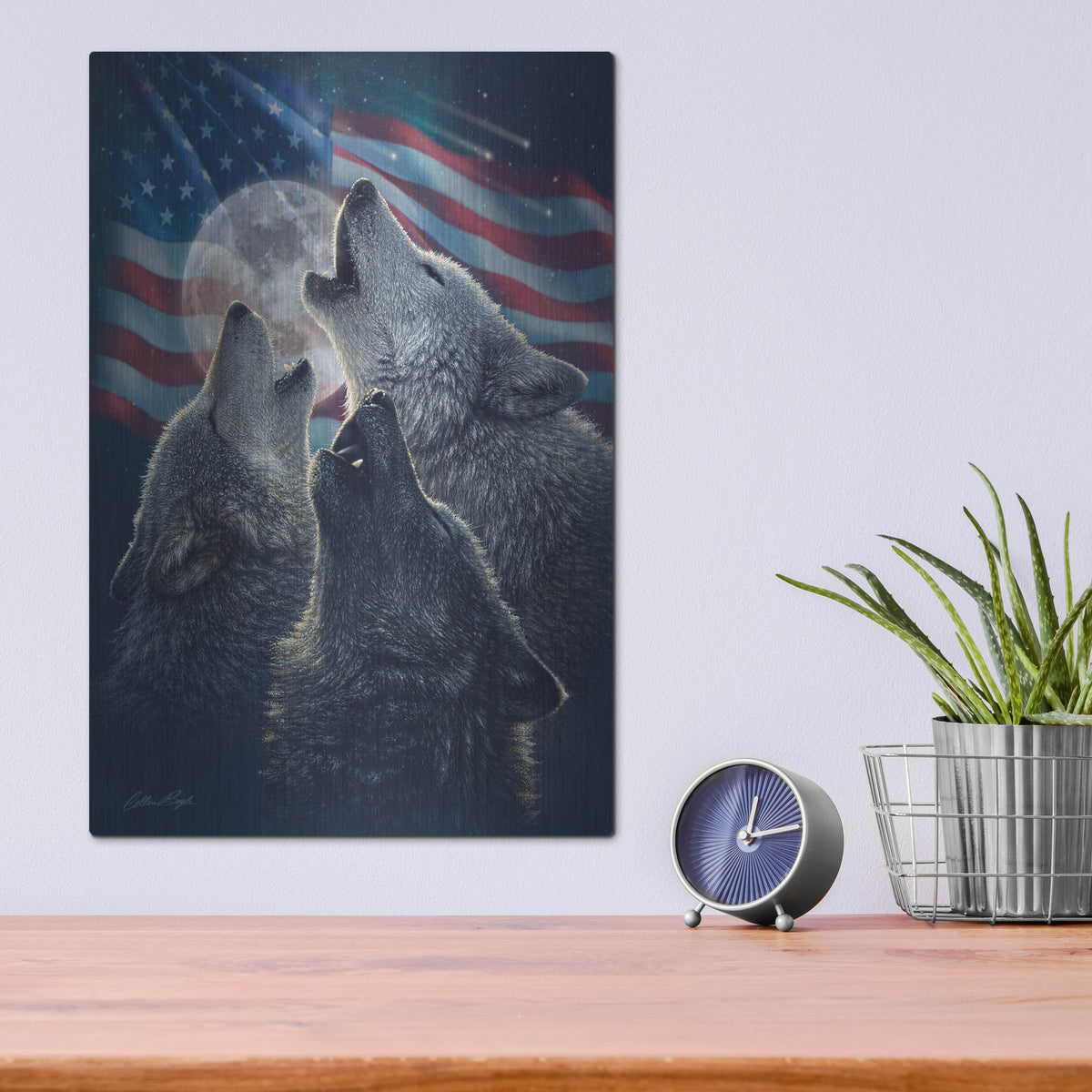 Luxe Metal Art 'Wolf Trinity Patriotic' by Collin Bogle, Metal Wall Art,12x16
