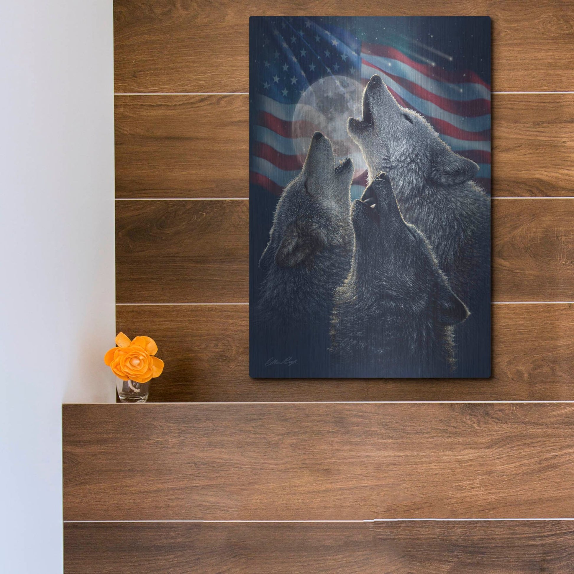 Luxe Metal Art 'Wolf Trinity Patriotic' by Collin Bogle, Metal Wall Art,12x16