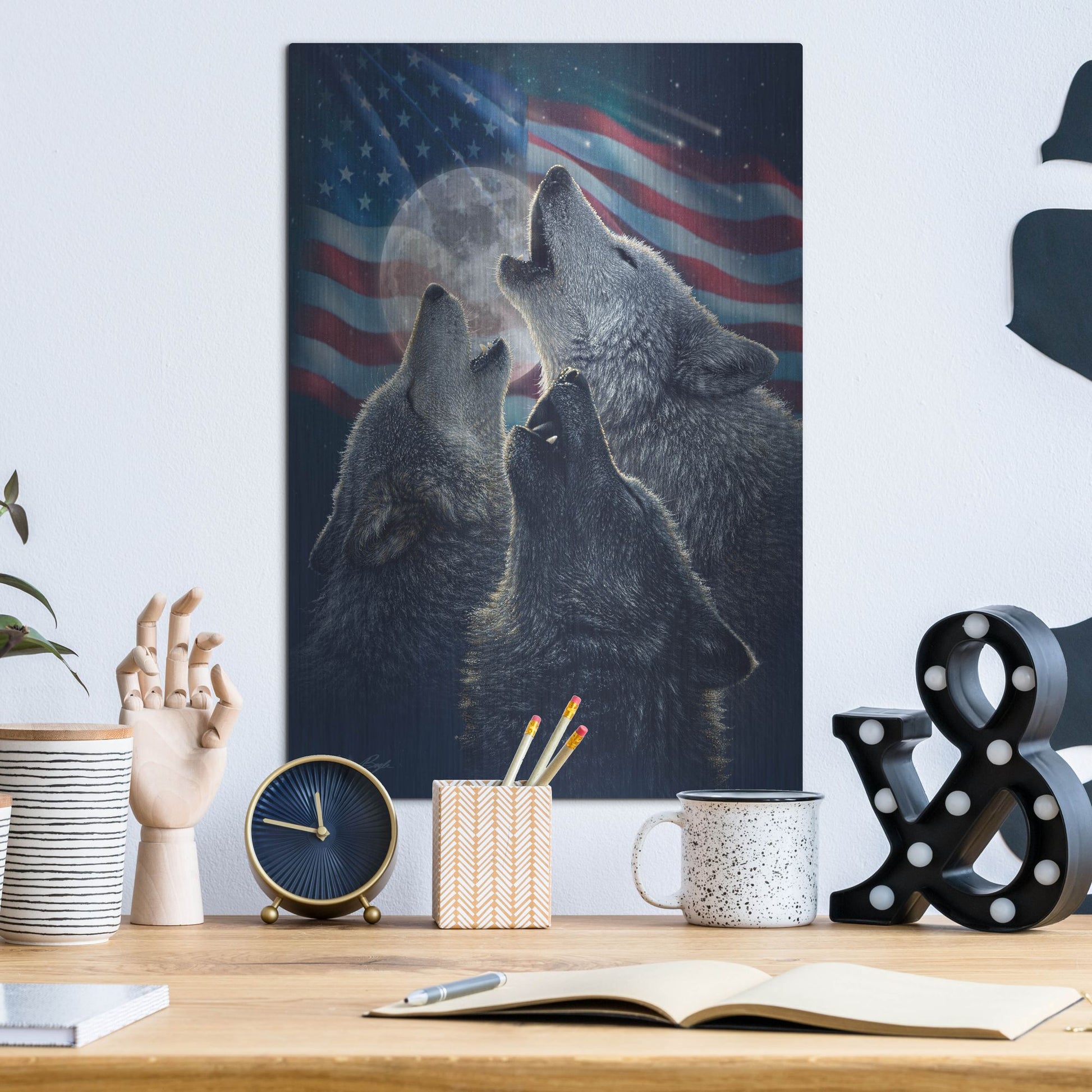 Luxe Metal Art 'Wolf Trinity Patriotic' by Collin Bogle, Metal Wall Art,12x16