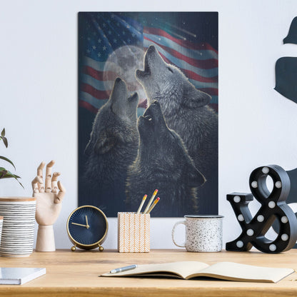 Luxe Metal Art 'Wolf Trinity Patriotic' by Collin Bogle, Metal Wall Art,12x16