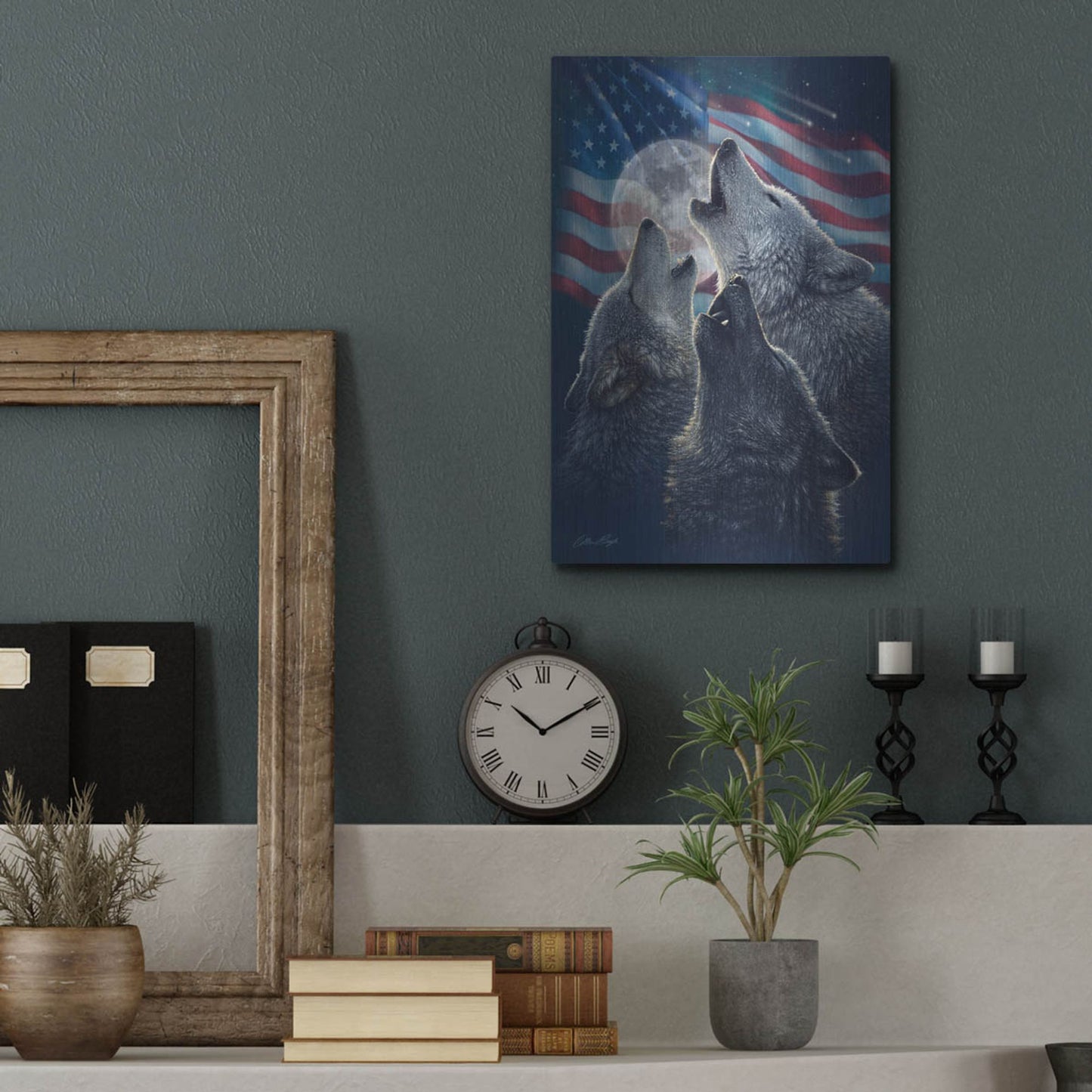 Luxe Metal Art 'Wolf Trinity Patriotic' by Collin Bogle, Metal Wall Art,12x16