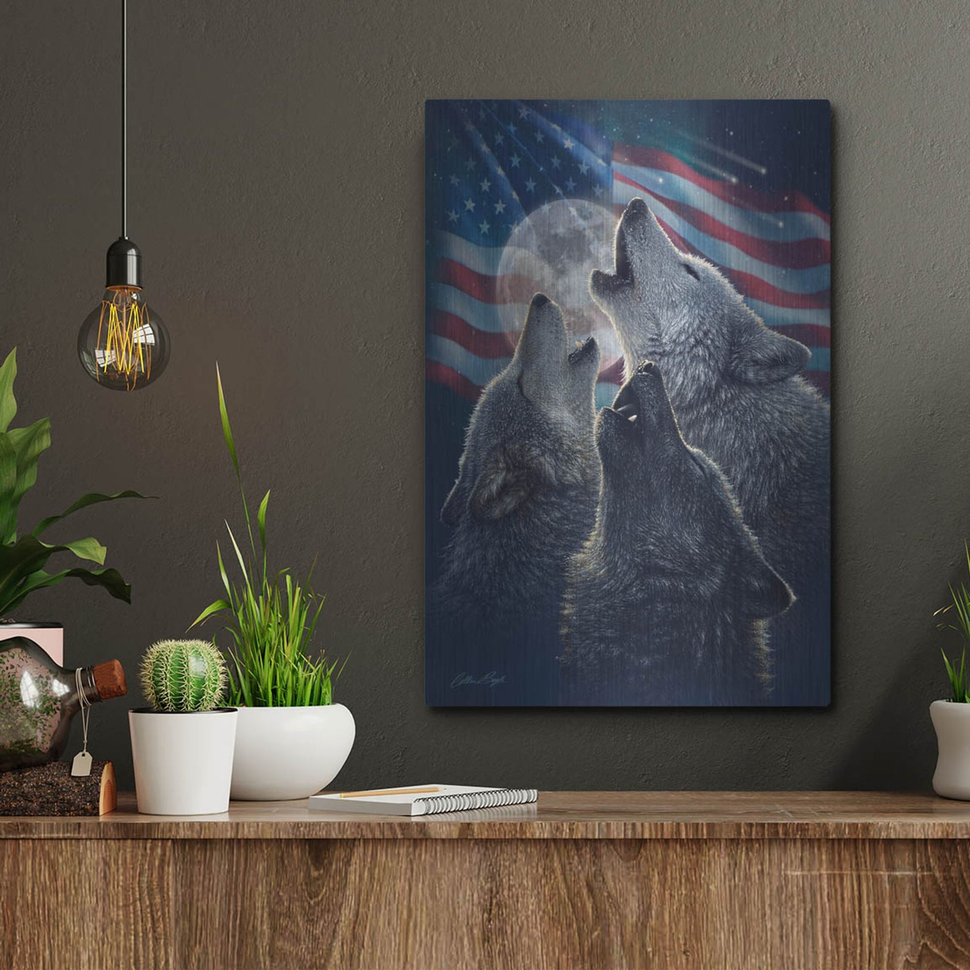 Luxe Metal Art 'Wolf Trinity Patriotic' by Collin Bogle, Metal Wall Art,12x16
