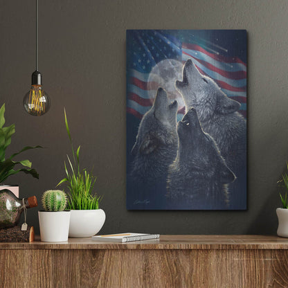 Luxe Metal Art 'Wolf Trinity Patriotic' by Collin Bogle, Metal Wall Art,12x16